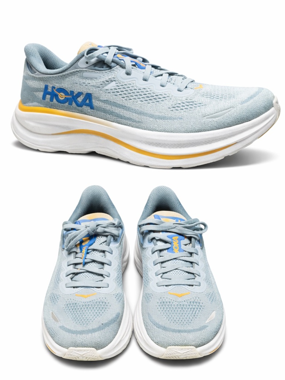 Hoka Light Blue Mesh Running Shoes with Yellow Trim